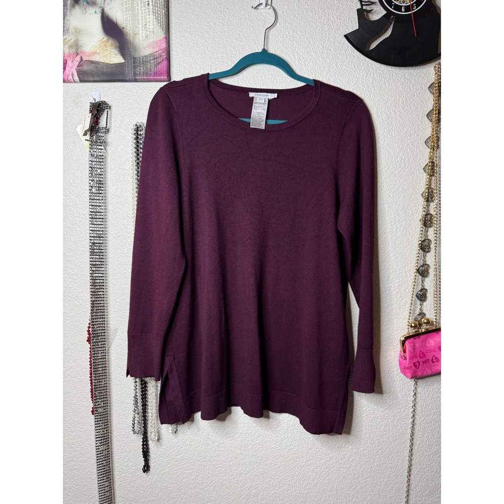 Chicos Sweater Womens Size 1 Medium Burgundy Plum Pullover Tunic Side Slit Knit